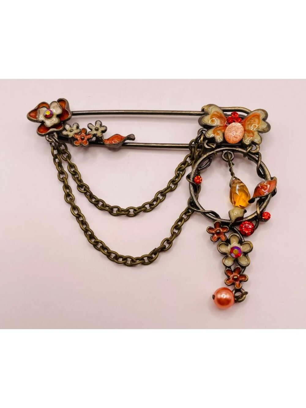 NOS Safety Pin Style Charm Enamel Floral Butterfly Brooch -29B